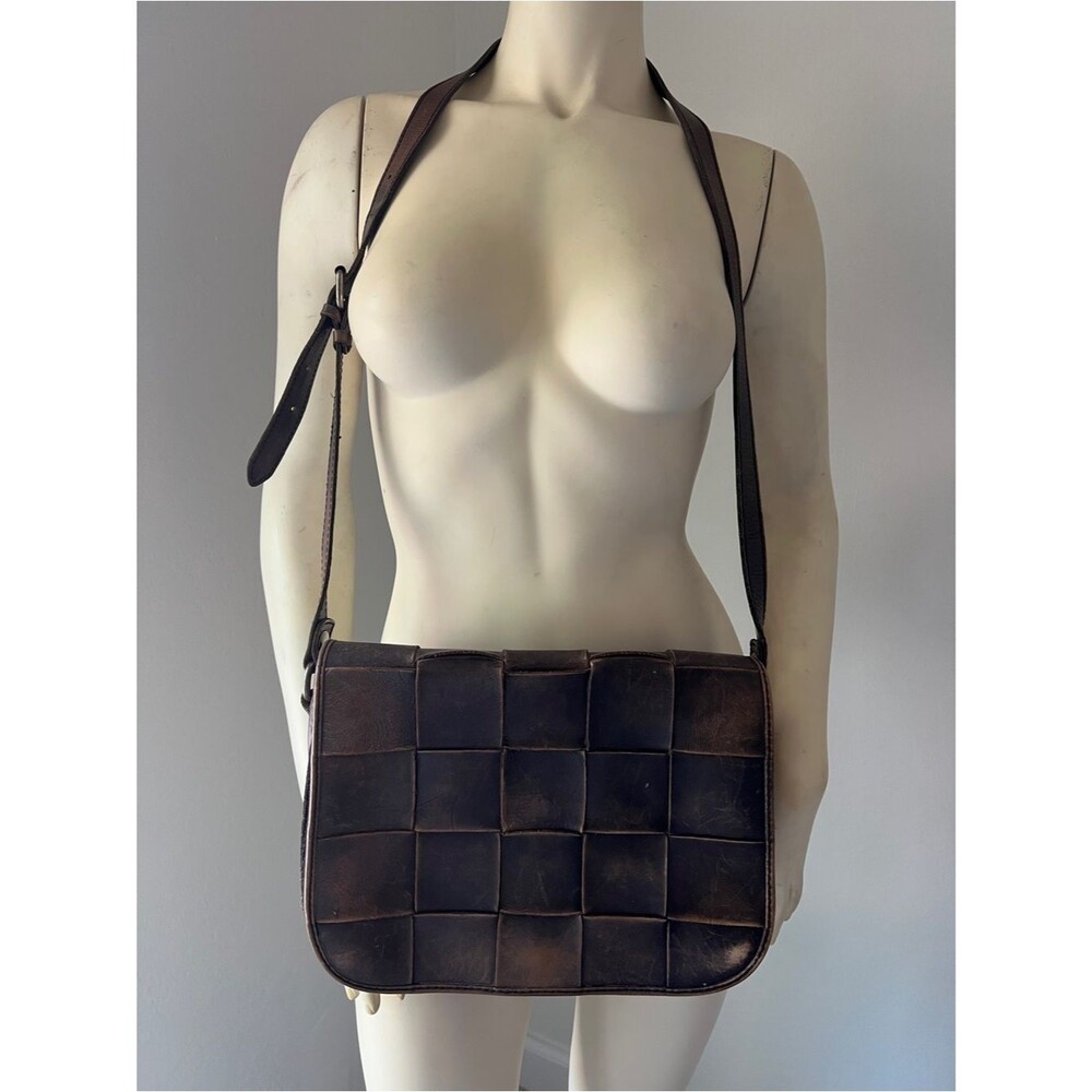 Patricia Nash Brown Leather Woven Vitellia Square Flap Crossbody Purse Bag.